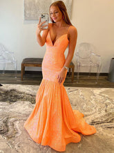 Vestido de fiesta de lentejuelas con escote en V color naranja sirena