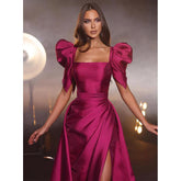 Robe de soirée sirène unique à encolure carrée, manches courtes, plissée en satin, avec fente