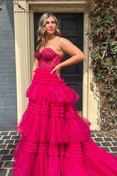 A-Line Sweetheart Tiered Long Tulle Prom Dress