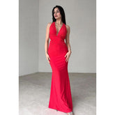 Vestido de fiesta sencillo e informal de corte tubo/columna, escote en V, sin mangas, estilo halter y tirantes cruzados