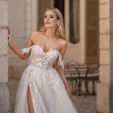 Light Champagne Pastrol Wedding Dresses Off Shoulder Sweetheart Bride Gowns Side Split A-Line Tulle Vestido De Novia