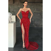 Vestido de fiesta largo con escote en V, tirantes finos, lentejuelas y abertura