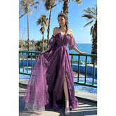 Glamorous & Dramatic A-line Short Sleeves Off-Shoudler Sparkly Tulle Formal Party Prom Dress