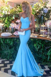 Robe de soirée longue en satin bleu sirène, élégante et formelle Y703