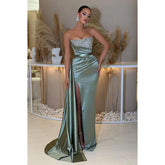 Vestido largo de noche de fiesta sin tirantes, con lentejuelas y fruncido, corte sirena, de satén.