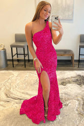 Vestido de fiesta de sirena con un solo hombro, lentejuelas fucsia y abertura