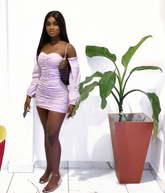 Ruched Puff Sleeve Sexy Mini Dress Light Purple Short Homecoming Dress Y2110