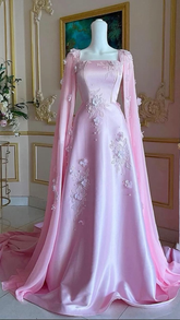 Luxury Pink Satin Long A Line Evening Dress Pretty Appliques Prom Dress Y7591