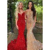 Robe de bal sirène sexy à paillettes et col en V