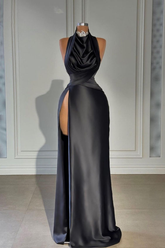 Black Long Evening Dress Satin Halter With High Slit Pleated Y4355