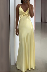 Simple Yellow V Neck Satin A Line Prom Dress Evening Dress Y8551