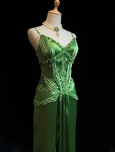 Chic Green Spaghetti Straps Satin Beaded Prom Dress Evening Dress Y8555