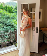 Vestido largo de fiesta de tul blanco sexy con escote en V profundo Y8240