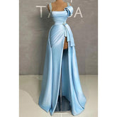 Glamorous & Dramatic Beaded Straps A-line Slit Ruched Formal Prom Dress