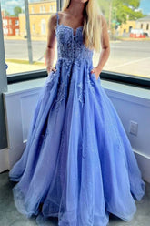 Beautiful A Line Spaghetti Straps Blue Long Prom Dress with Appliques