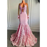 Robe de bal sirène africaine sexy à col en V et manches longues en dentelle