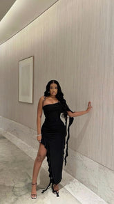 Robe de soirée noire asymétrique, robe maxi noire chic Y1892