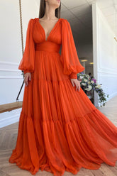 Chiffon Floor Length Prom Dress, Long Sleeve Evening Party Dress