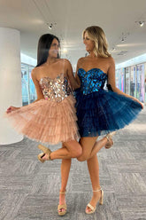 Sparkly Champagne Sweetheart A-Line Tulle Tiered Homecoming Dress