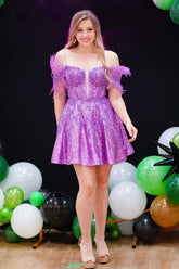 Off the Shoulder Sequins A-Line Corset Homecoming Dress with Feather