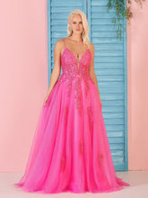 Vestido largo de fiesta rosa de encaje con escote en V y corte en A