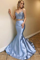 Vestido largo de sirena de dos piezas color azul grisáceo para baile de graduación