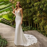 Elegant Mermaid Wedding Dresses White V-Neck Lace Open Back Spaghetti Straps Bridal Gown Sweep Train Vestidos De Novia