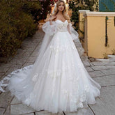 Illusion Tulle Princess Wedding Dress Puff Sleeves Off Shoulder Bridal Gown Sweetheart Appliques Lace vestidos de noiva