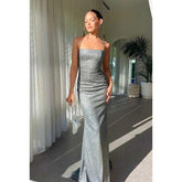 Robe de soirée longue fourreau à bretelles spaghetti et paillettes scintillantes