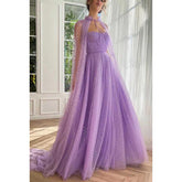 Robe de bal longue trapèze en tulle à bretelles spaghetti et châle