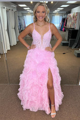 Vestido largo de fiesta floral con escote en V pronunciado, volantes y abertura