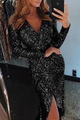 Vestidos de noche elegantes de moda, con lentejuelas y escote en V, estampado patchwork liso.