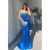 Vestido largo de noche de fiesta sin tirantes, azul real, con cordones y corte ajustado