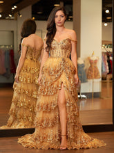 Robe de bal Gold Princess trapèze à épaules dénudées et corset orné de volants en dentelle