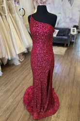 Robe de bal longue sirène asymétrique bordeaux à sequins et fente sur le devant