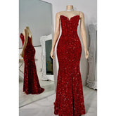 Vestido de noche de sirena con escote en V, sin mangas, con cordones y lentejuelas