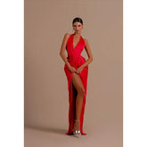 Robe de soirée longue en satin, coupe fourreau/colonne, col en V, fente latérale