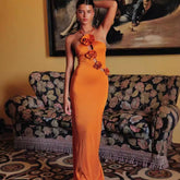 Robe de bal maxi moulante à imprimé floral dos nu et découpes