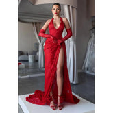 Robe de bal sexy et tendance, col en V, sans manches, fente latérale haute, en dentelle, avec appliques