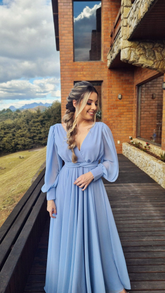 Vestido de noche largo vintage azul con escote en V, corte en A, de gasa plisada hasta el tobillo, modelo Y5048