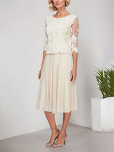 A-line Scoop Tea-Length Lace Chiffon Mother of the Bride Dress With Embroidery