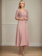 A-line Square Tea-Length Chiffon Lace Mother of the Bride Dress With Sequins Beading
