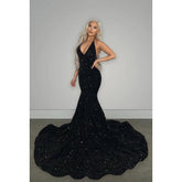 Robe de soirée longue sirène à paillettes, col en V, dos nu, avec traîne