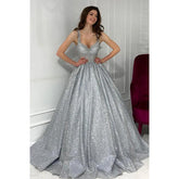 Robe de bal sexy à col en V et paillettes argentées