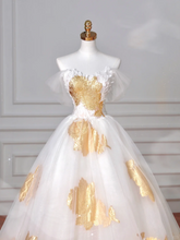 Gorgeous Gold Print Tulle Off The Shoulder Ball Gown A Line Prom Dress Evening Dress Y8618