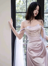 Light Purple Satin Long Evening Dress Sweetheart Prom Dress Y8312