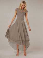 A-line Boat Neck Illusion Asymmetrical Chiffon Lace Mother of the Bride Dress With Applique Pleats