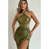 Robe de soirée longue verte sexy et fourreau à paillettes et perles