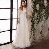 Wedding Dresses Three Quarter Sleeves Top Lace Chiffon Gowns with Beading Sashes