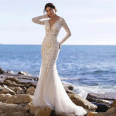 Vestidos de novia estilo sirena, manga larga, escote en V, apliques de encaje, espalda descubierta, tul, cola de barrido.